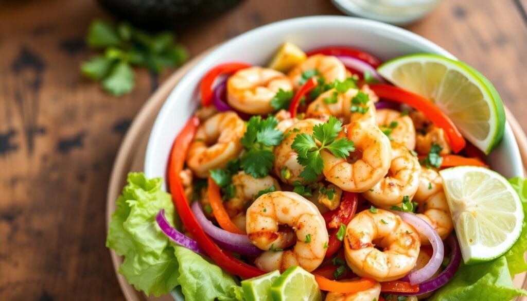 Assembled low-carb shrimp fajita bowl Assembled low-carb shrimp fajita bowl