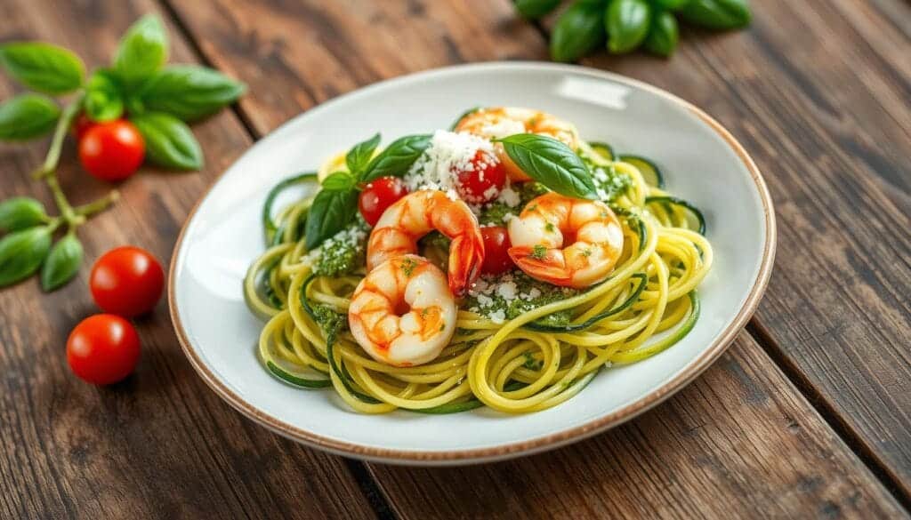 zucchini noodles with pesto and shrimp zucchini noodles with pesto and shrimp