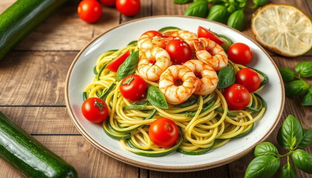 zucchini noodles with pesto and shrimp Recipe for dinner