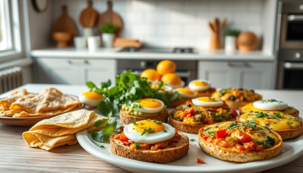 A beautifully arranged spread of creative, high-protein egg-based breakfast recipes. In the foreground, a platter showcases a variety of expertly prepared dishes, including fluffy omelets, poached eggs nestled on avocado toast, and savory frittatas with sautéed vegetables. The middle ground features a selection of fresh herbs, spices, and garnishes, adding vibrant pops of color and texture. In the background, a clean, minimalist kitchen setting with natural light filtering in, creating a warm, inviting atmosphere. The entire scene exudes a sense of culinary sophistication and healthy, balanced nutrition, perfect for a nourishing, school-ready breakfast.