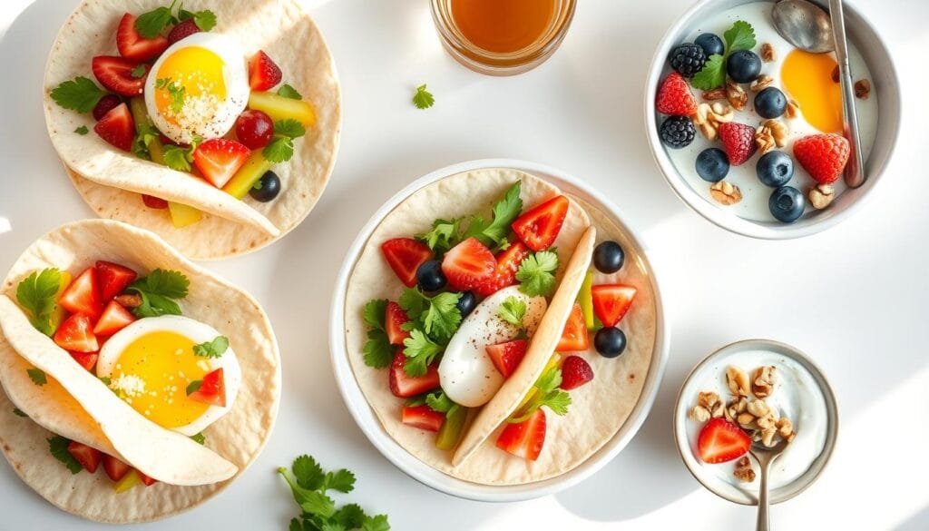 A breakfast spread of high-protein options including egg white breakfast tacos and Greek yogurt bowls