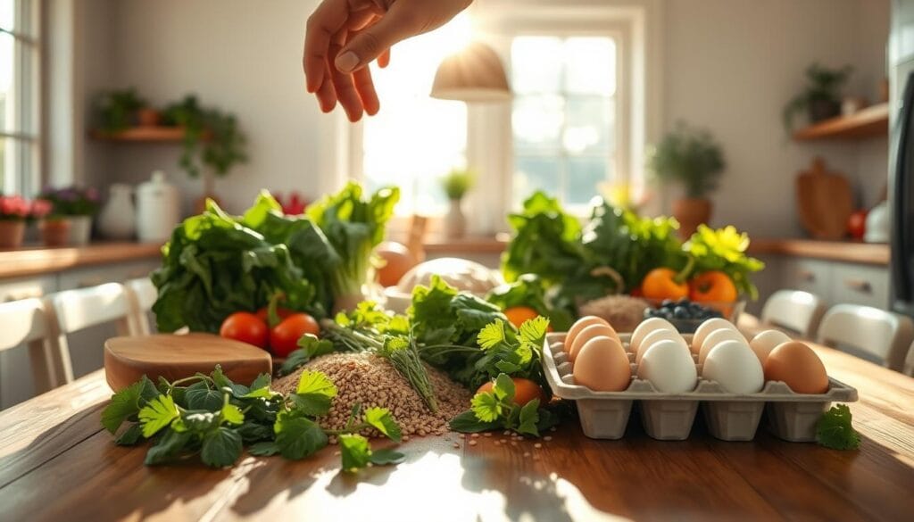 A bright, airy kitchen with sunlight streaming through large windows. On a wooden table, an assortment of fresh, vibrant ingredients - leafy greens, colorful vegetables, whole grains, and a carton of eggs. In the foreground, a hand carefully arranges the items into a balanced, visually appealing composition, showcasing the principles of healthy, protein-rich nutrition. The lighting is warm and natural, casting gentle shadows and highlights to create depth and emphasize the textures of the food. The overall mood is one of simplicity, wellness, and a thoughtful approach to achieving balanced, high-protein meals. A bright, airy kitchen with sunlight streaming through large windows. On a wooden table, an assortment of fresh, vibrant ingredients - leafy greens, colorful vegetables, whole grains, and a carton of eggs. In the foreground, a hand carefully arranges the items into a balanced, visually appealing composition, showcasing the principles of healthy, protein-rich nutrition. The lighting is warm and natural, casting gentle shadows and highlights to create depth and emphasize the textures of the food. The overall mood is one of simplicity, wellness, and a thoughtful approach to achieving balanced, high-protein meals.