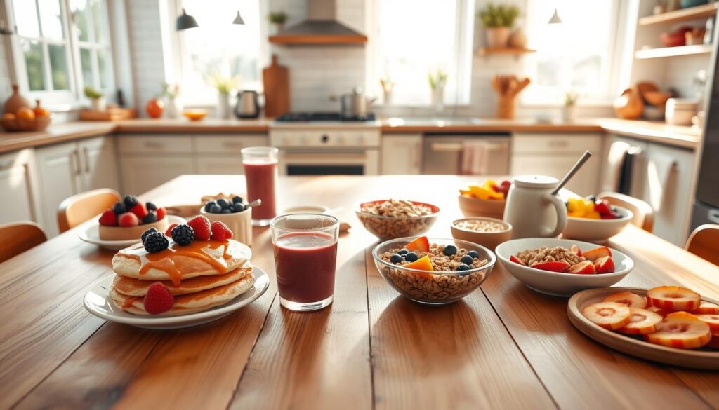 A bright and cheerful kitchen setting with a large wooden table in the foreground. On the table, an assortment of kid-friendly breakfast items, including fluffy pancakes with fresh berries, colorful smoothie bowls, whole grain cereal with milk, and a platter of sliced fruit. The table is surrounded by natural light streaming in through large windows, creating a warm and inviting atmosphere. In the background, various cooking utensils and appliances are visible, suggesting a well-equipped kitchen. The overall mood is energetic and playful, perfectly capturing the essence of "Kid-Friendly Recipes to Boost Morning Energy". A bright and cheerful kitchen setting with a large wooden table in the foreground. On the table, an assortment of kid-friendly breakfast items, including fluffy pancakes with fresh berries, colorful smoothie bowls, whole grain cereal with milk, and a platter of sliced fruit. The table is surrounded by natural light streaming in through large windows, creating a warm and inviting atmosphere. In the background, various cooking utensils and appliances are visible, suggesting a well-equipped kitchen. The overall mood is energetic and playful, perfectly capturing the essence of "Kid-Friendly Recipes to Boost Morning Energy".