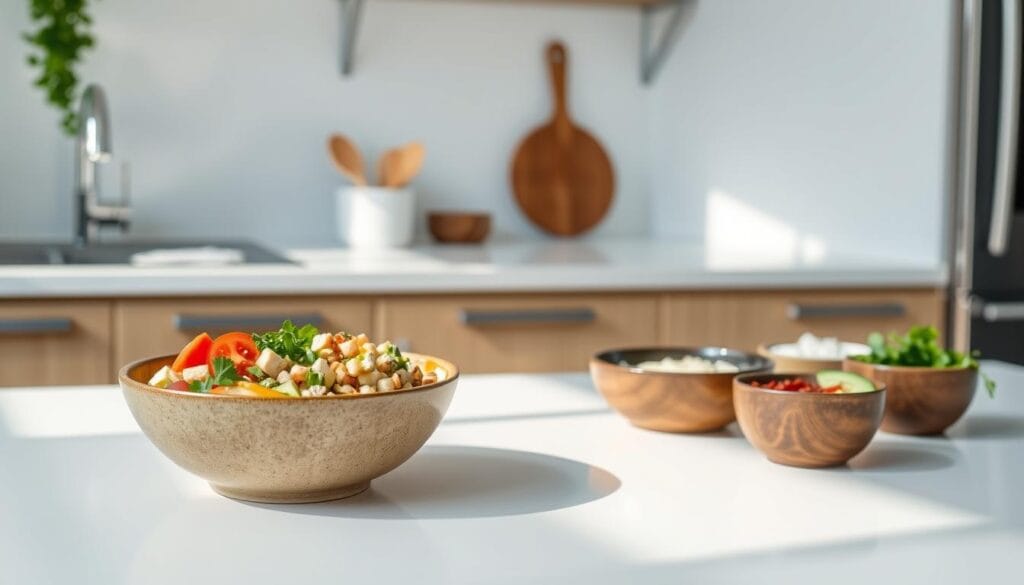 A bright, clean kitchen counter with a white surface and wooden accents. In the foreground, an artfully arranged set of bowls - a large, shallow ceramic bowl filled with a vibrant, colorful veggie mix, surrounded by smaller bowls containing various toppings and garnishes. Soft, natural lighting illuminates the scene, casting gentle shadows and highlighting the textures and colors. The overall mood is one of freshness, simplicity, and culinary inspiration. The composition invites the viewer to imagine assembling the perfect tofu bowl, with each ingredient thoughtfully placed for a visually appealing and appetizing result. A bright, clean kitchen counter with a white surface and wooden accents. In the foreground, an artfully arranged set of bowls - a large, shallow ceramic bowl filled with a vibrant, colorful veggie mix, surrounded by smaller bowls containing various toppings and garnishes. Soft, natural lighting illuminates the scene, casting gentle shadows and highlighting the textures and colors. The overall mood is one of freshness, simplicity, and culinary inspiration. The composition invites the viewer to imagine assembling the perfect tofu bowl, with each ingredient thoughtfully placed for a visually appealing and appetizing result.