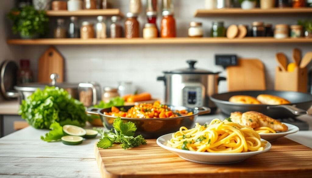 A cheerful, vibrant kitchen scene with a collection of quick and easy weeknight dinner options. In the foreground, a wooden cutting board showcases sliced vegetables, a sizzling pan, and a plate of freshly assembled pasta dish. In the middle ground, a slow cooker bubbles with a hearty stew, and a skillet sears juicy chicken breasts. The background features open shelves displaying jars of herbs, spices, and other pantry staples. The lighting is warm and natural, creating a cozy, inviting atmosphere. The overall impression is one of simple, wholesome meals that can be prepared with minimal time and effort. A cheerful, vibrant kitchen scene with a collection of quick and easy weeknight dinner options. In the foreground, a wooden cutting board showcases sliced vegetables, a sizzling pan, and a plate of freshly assembled pasta dish. In the middle ground, a slow cooker bubbles with a hearty stew, and a skillet sears juicy chicken breasts. The background features open shelves displaying jars of herbs, spices, and other pantry staples. The lighting is warm and natural, creating a cozy, inviting atmosphere. The overall impression is one of simple, wholesome meals that can be prepared with minimal time and effort.
