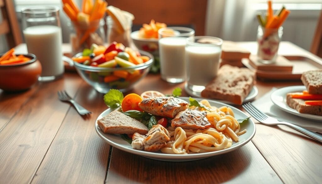 A cheerful, vibrant scene of a variety of nutritious and kid-friendly meals arranged on a wooden table. In the foreground, a plate showcases a colorful meal with grilled chicken, steamed vegetables, and whole grain pasta. In the middle ground, a bowl of fresh fruit salad, a glass of milk, and a sandwich on whole wheat bread. The background features a selection of healthy snacks like carrot sticks, apple slices, and yogurt parfaits. The lighting is warm and natural, casting a soft glow on the table. The overall atmosphere is inviting and encouraging a balanced, wholesome dining experience. A cheerful, vibrant scene of a variety of nutritious and kid-friendly meals arranged on a wooden table. In the foreground, a plate showcases a colorful meal with grilled chicken, steamed vegetables, and whole grain pasta. In the middle ground, a bowl of fresh fruit salad, a glass of milk, and a sandwich on whole wheat bread. The background features a selection of healthy snacks like carrot sticks, apple slices, and yogurt parfaits. The lighting is warm and natural, casting a soft glow on the table. The overall atmosphere is inviting and encouraging a balanced, wholesome dining experience.