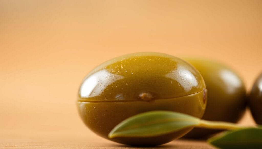 A close-up photograph of a shiny, ripe olive, set against a soft, blurred background. The olive is nestled on a wooden surface, with a warm, natural lighting that casts gentle shadows, highlighting the olive's smooth, dark green skin and subtle patterning. The image conveys a sense of nourishment and wholesome simplicity, perfectly capturing the essence of a healthy snack ingredient rich in beneficial fats. A close-up photograph of a shiny, ripe olive, set against a soft, blurred background. The olive is nestled on a wooden surface, with a warm, natural lighting that casts gentle shadows, highlighting the olive's smooth, dark green skin and subtle patterning. The image conveys a sense of nourishment and wholesome simplicity, perfectly capturing the essence of a healthy snack ingredient rich in beneficial fats.