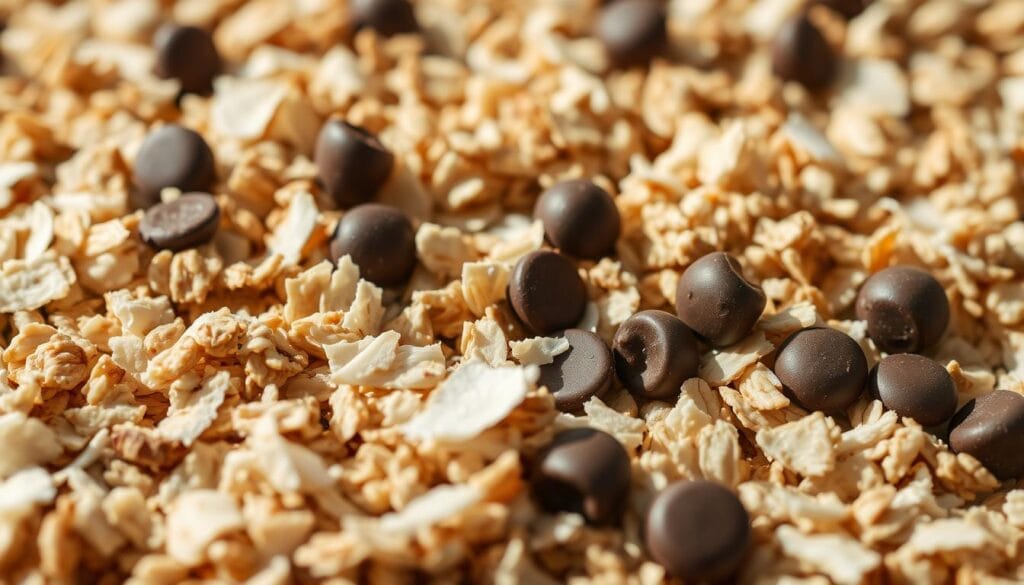A close-up photograph of a textured mix of oats, shredded coconut, and chocolate chips. The foreground features a scattering of these ingredients, each with distinct shapes, colors, and surfaces. The middle ground showcases the interplay of the different textures, from the soft, flaky coconut to the crunchy oats and smooth chocolate. The lighting is soft and natural, casting gentle shadows that accentuate the three-dimensional quality of the mix. The background is blurred, allowing the viewer to focus solely on the tactile and visual experience of these nutritious energy-boosting ingredients.