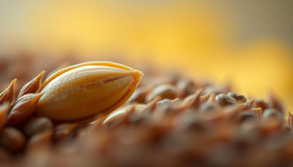 A close-up shot of a sunflower seed with a soft, warm lighting, captured using a macro lens. The seed is positioned prominently in the foreground, revealing its intricate texture and golden hue. The background is blurred, creating a subtle, out-of-focus environment that allows the seed to be the focal point. The lighting is gently diffused, creating a calming and inviting atmosphere, suitable for showcasing a healthy, nut-free snack option for children.