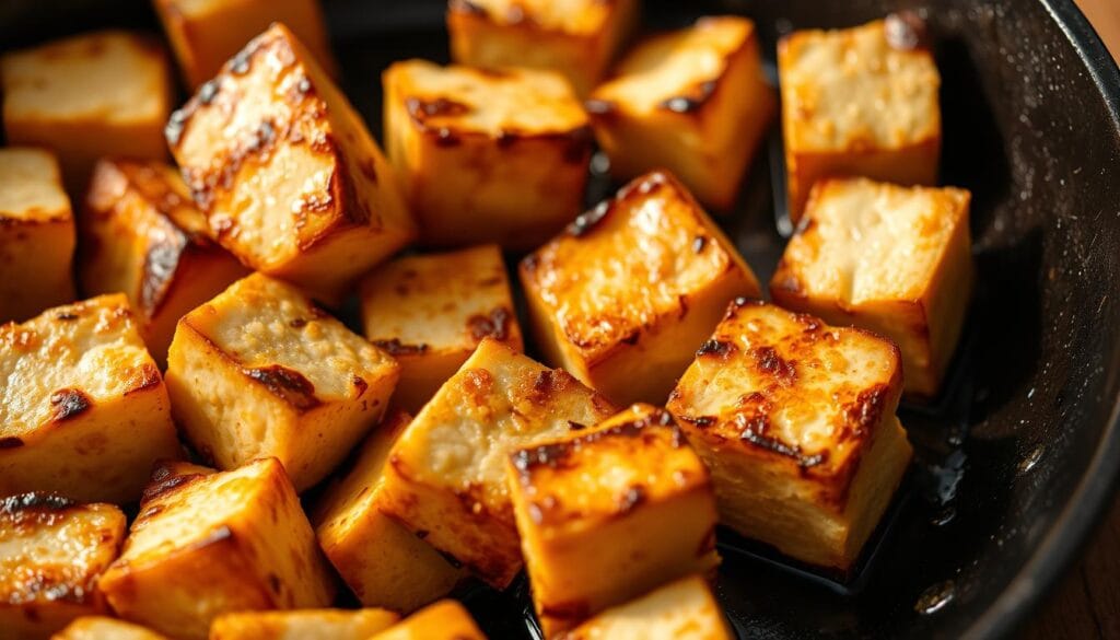 A close-up shot of crisp, golden-brown tofu cubes sizzling in a cast-iron skillet, with a light sheen of oil glistening on their surfaces. The tofu is evenly seared, with delicate char marks creating an appealing texture. The lighting is warm and natural, casting gentle shadows that accentuate the tofu's three-dimensional form. The background is slightly blurred, placing the focus squarely on the pan-seared tofu, the star of the dish. The overall mood is one of mouthwatering anticipation, inviting the viewer to imagine the savory, umami-rich flavors of this plant-based protein. A close-up shot of crisp, golden-brown tofu cubes sizzling in a cast-iron skillet, with a light sheen of oil glistening on their surfaces. The tofu is evenly seared, with delicate char marks creating an appealing texture. The lighting is warm and natural, casting gentle shadows that accentuate the tofu's three-dimensional form. The background is slightly blurred, placing the focus squarely on the pan-seared tofu, the star of the dish. The overall mood is one of mouthwatering anticipation, inviting the viewer to imagine the savory, umami-rich flavors of this plant-based protein.