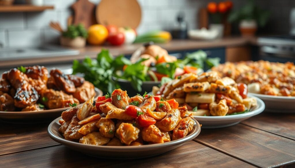 A close-up shot of several delectable quick chicken recipes, arranged on a rustic wooden table with a warm, natural lighting. The foreground features mouthwatering dishes, such as a succulent chicken teriyaki stir-fry, a juicy grilled chicken Caesar salad, and a hearty chicken and vegetable casserole. The middle ground showcases fresh produce, herbs, and spices, hinting at the flavorful ingredients used. The background has a softly blurred, cozy kitchen setting, evoking a sense of homemade comfort. The overall mood is inviting, appetizing, and perfect for a busy back-to-school weeknight dinner. A close-up shot of several delectable quick chicken recipes, arranged on a rustic wooden table with a warm, natural lighting. The foreground features mouthwatering dishes, such as a succulent chicken teriyaki stir-fry, a juicy grilled chicken Caesar salad, and a hearty chicken and vegetable casserole. The middle ground showcases fresh produce, herbs, and spices, hinting at the flavorful ingredients used. The background has a softly blurred, cozy kitchen setting, evoking a sense of homemade comfort. The overall mood is inviting, appetizing, and perfect for a busy back-to-school weeknight dinner.