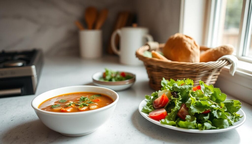 A cozy kitchen counter with a simple, homemade meal laid out - a hearty bowl of steaming soup, a fresh salad with vibrant greens, and a basket of crusty bread. Soft, natural lighting filters in through a nearby window, casting a warm glow over the scene. The ingredients used are affordable, everyday staples that come together to create a comforting, budget-friendly dinner. The atmosphere is relaxed and inviting, perfect for a family gathering around the table. A cozy kitchen counter with a simple, homemade meal laid out - a hearty bowl of steaming soup, a fresh salad with vibrant greens, and a basket of crusty bread. Soft, natural lighting filters in through a nearby window, casting a warm glow over the scene. The ingredients used are affordable, everyday staples that come together to create a comforting, budget-friendly dinner. The atmosphere is relaxed and inviting, perfect for a family gathering around the table.