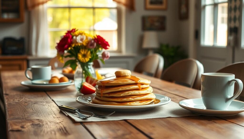 A cozy kitchen table set for a first-day-of-school breakfast, bathed in warm, soft morning light. On the table, a platter of homemade pancakes, syrup, fresh fruit, and a steaming mug of coffee. Textured wooden surfaces, mismatched vintage plates, and a cheerful floral centerpiece create a welcoming, lived-in ambiance. In the background, a window overlooks a tranquil neighborhood, hinting at the exciting day ahead. The scene exudes a sense of tradition, comfort, and the anticipation of a new school year beginning.