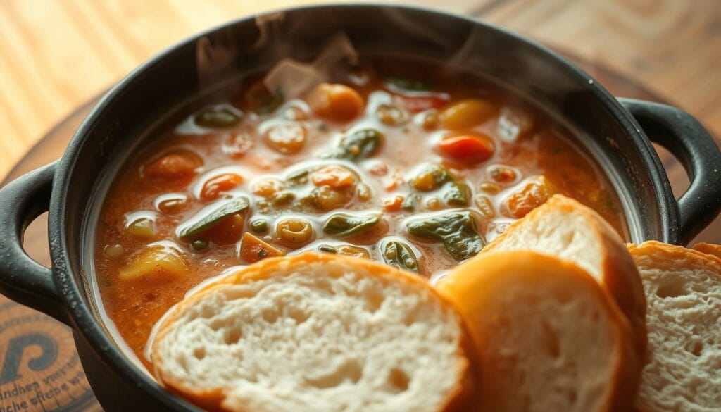A cozy, steaming bowl of homemade soup sits atop a rustic wooden table, its surface glistening with droplets of condensation. The soup, a rich and savory blend of vegetables, simmers gently, releasing aromatic wisps of steam that fill the air. Soft, pillowy bread slices are arranged alongside, their golden-brown crusts inviting a satisfying dip. Gentle, warm lighting casts a comforting glow, creating a welcoming atmosphere perfect for a budget-friendly family dinner. The scene evokes the essence of slow-cooked, hearty goodness that defines the season's best soup creations. A cozy, steaming bowl of homemade soup sits atop a rustic wooden table, its surface glistening with droplets of condensation. The soup, a rich and savory blend of vegetables, simmers gently, releasing aromatic wisps of steam that fill the air. Soft, pillowy bread slices are arranged alongside, their golden-brown crusts inviting a satisfying dip. Gentle, warm lighting casts a comforting glow, creating a welcoming atmosphere perfect for a budget-friendly family dinner. The scene evokes the essence of slow-cooked, hearty goodness that defines the season's best soup creations.