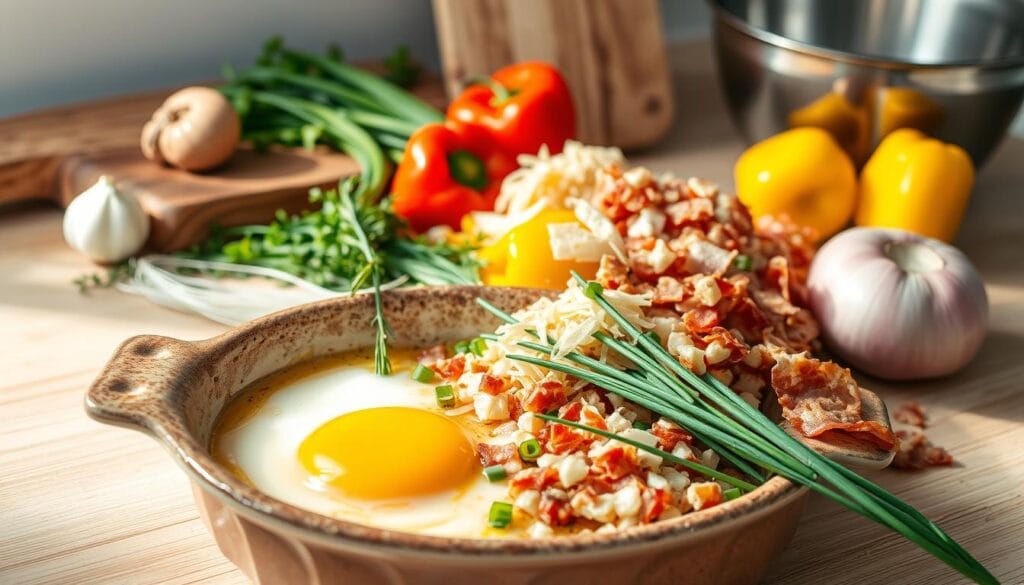 A crisp, well-lit kitchen counter showcases an assortment of fresh, high-quality ingredients for a savory low-carb breakfast casserole. In the foreground, a mix of eggs, heavy cream, and shredded cheese sit in a rustic ceramic baking dish, surrounded by a medley of diced bell peppers, mushrooms, onions, and crumbled cooked bacon. In the middle ground, sprigs of fresh thyme, rosemary, and chives add vibrant pops of green. The background features a weathered wooden cutting board and a stainless steel mixing bowl, hinting at the culinary preparation to come. The warm, natural lighting casts a cozy, inviting atmosphere, highlighting the wholesome, nourishing essence of the ingredients. A crisp, well-lit kitchen counter showcases an assortment of fresh, high-quality ingredients for a savory low-carb breakfast casserole. In the foreground, a mix of eggs, heavy cream, and shredded cheese sit in a rustic ceramic baking dish, surrounded by a medley of diced bell peppers, mushrooms, onions, and crumbled cooked bacon. In the middle ground, sprigs of fresh thyme, rosemary, and chives add vibrant pops of green. The background features a weathered wooden cutting board and a stainless steel mixing bowl, hinting at the culinary preparation to come. The warm, natural lighting casts a cozy, inviting atmosphere, highlighting the wholesome, nourishing essence of the ingredients.
