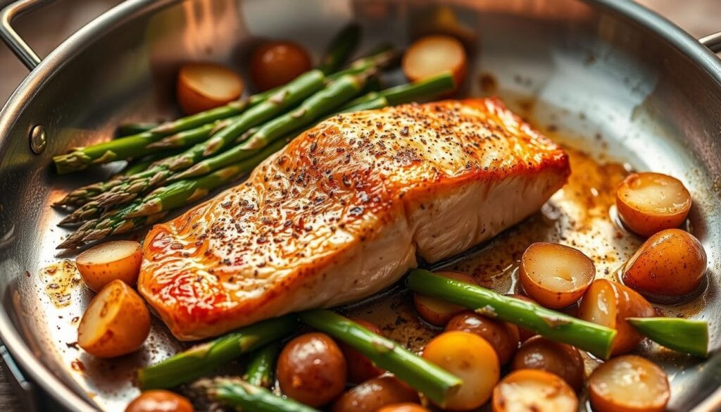 A delectable one-pan salmon dish, sizzling on a gleaming stainless steel pan under soft, warm lighting. The salmon fillet, seasoned to perfection, sears with a golden-brown crust, its flaky interior glistening. Vibrant green asparagus spears and baby potatoes, roasted to a delicate tenderness, surround the salmon, creating a harmonious visual feast. The scene is captured from a high angle, emphasizing the simplicity and ease of this quick, family-friendly meal. The overall mood is inviting and appetizing, conveying the effortless elegance of a one-pan dinner solution. A delectable one-pan salmon dish, sizzling on a gleaming stainless steel pan under soft, warm lighting. The salmon fillet, seasoned to perfection, sears with a golden-brown crust, its flaky interior glistening. Vibrant green asparagus spears and baby potatoes, roasted to a delicate tenderness, surround the salmon, creating a harmonious visual feast. The scene is captured from a high angle, emphasizing the simplicity and ease of this quick, family-friendly meal. The overall mood is inviting and appetizing, conveying the effortless elegance of a one-pan dinner solution.