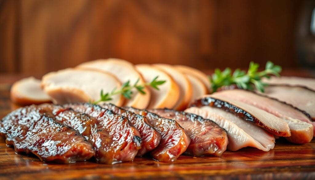 A delectable trio of mouth-watering meats arranged on a rustic wooden surface, illuminated by warm, golden lighting. In the foreground, tender slices of juicy beef, glistening with natural juices, are accompanied by succulent turkey medallions and flavorful pork chops. The middle ground showcases the diverse textures and colors of these three protein-rich ingredients, while the background fades into a softly blurred, comforting atmosphere, evoking a cozy, home-cooked ambiance. This visually appealing and appetizing composition captures the essence of "Beef, turkey, and pork options kids love," ready to inspire and delight young taste buds. A delectable trio of mouth-watering meats arranged on a rustic wooden surface, illuminated by warm, golden lighting. In the foreground, tender slices of juicy beef, glistening with natural juices, are accompanied by succulent turkey medallions and flavorful pork chops. The middle ground showcases the diverse textures and colors of these three protein-rich ingredients, while the background fades into a softly blurred, comforting atmosphere, evoking a cozy, home-cooked ambiance. This visually appealing and appetizing composition captures the essence of "Beef, turkey, and pork options kids love," ready to inspire and delight young taste buds.
