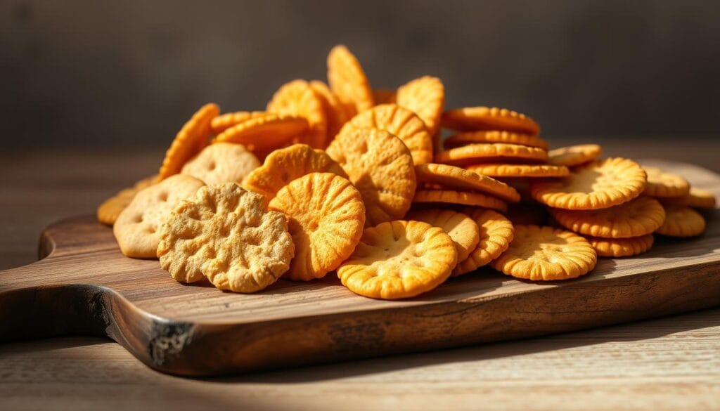 A delightful arrangement of assorted cheese crackers, meticulously crafted with attention to texture and flavor. The crackers are neatly arranged on a rustic wooden board, casting soft shadows that create depth and dimension. The lighting is warm and inviting, accentuating the golden hues of the crackers and the natural tones of the wood. In the background, a subtle gradient of soft, muted colors sets the stage, conveying a sense of sophistication and elegance. The overall composition evokes a feeling of artisanal craftsmanship and the perfect pairing of cheese and crackers. A delightful arrangement of assorted cheese crackers, meticulously crafted with attention to texture and flavor. The crackers are neatly arranged on a rustic wooden board, casting soft shadows that create depth and dimension. The lighting is warm and inviting, accentuating the golden hues of the crackers and the natural tones of the wood. In the background, a subtle gradient of soft, muted colors sets the stage, conveying a sense of sophistication and elegance. The overall composition evokes a feeling of artisanal craftsmanship and the perfect pairing of cheese and crackers.