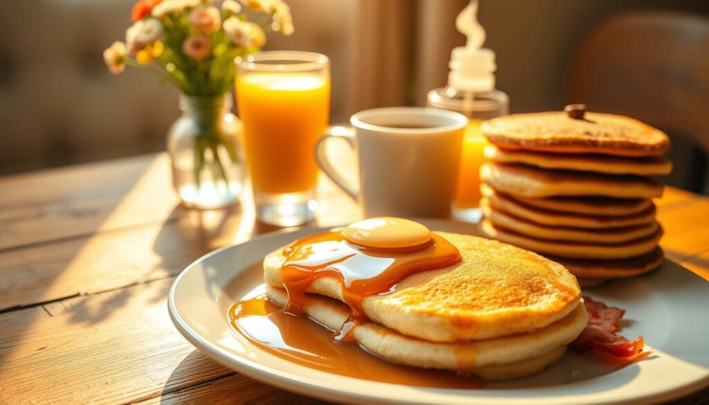 A delightful breakfast scene captured in warm, golden morning light. In the foreground, a plate of fluffy pancakes drizzled with maple syrup, accompanied by a crisp stack of bacon. In the middle ground, a mug of steaming coffee and a glass of freshly squeezed orange juice. The background features a rustic wooden table, with a vase of wildflowers adding a touch of natural charm. The overall atmosphere is cozy, inviting, and bursting with the aroma of a wholesome, satisfying meal - the perfect way to start a busy school day. A delightful breakfast scene captured in warm, golden morning light. In the foreground, a plate of fluffy pancakes drizzled with maple syrup, accompanied by a crisp stack of bacon. In the middle ground, a mug of steaming coffee and a glass of freshly squeezed orange juice. The background features a rustic wooden table, with a vase of wildflowers adding a touch of natural charm. The overall atmosphere is cozy, inviting, and bursting with the aroma of a wholesome, satisfying meal - the perfect way to start a busy school day.