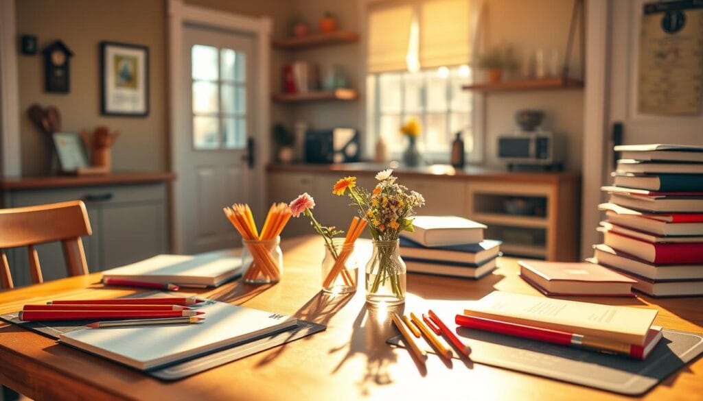 A festive back-to-school table, bathed in warm, golden light, sits in a cozy, homey kitchen. The tabletop is adorned with a vibrant array of school supplies - shiny pencils, crisp notebooks, and playful stationery. A small vase of fresh flowers adds a touch of whimsy, while a stack of textbooks and a chalkboard-inspired placemat create an academic atmosphere. Soft, natural shadows dance across the scene, evoking a sense of comfort and anticipation for the year ahead. The overall composition exudes a welcoming, celebratory mood, perfect for kicking off the school year with a memorable breakfast tradition.