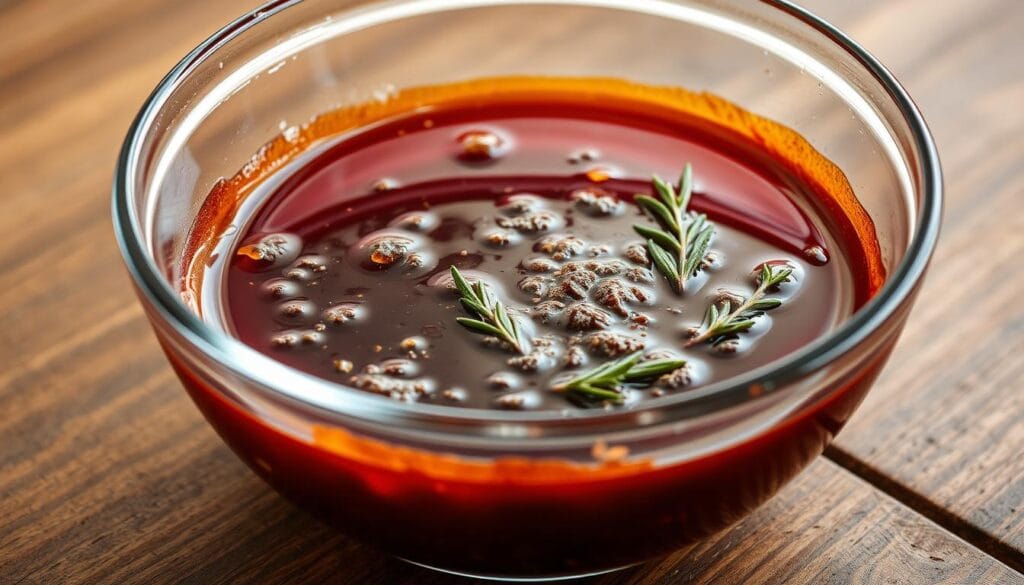 A glass bowl filled with a rich, burgundy-colored marinade, consisting of soy sauce, Worcestershire, garlic, brown sugar, and fresh herbs like thyme and rosemary. The marinade glistens under warm, directional lighting, casting subtle shadows and highlights across the surface. The bowl is placed on a rustic wooden table, with a clean, minimal background that keeps the focus on the marinade. The overall mood is one of preparation, anticipation, and the enticing aroma of a delicious steak dish to come.