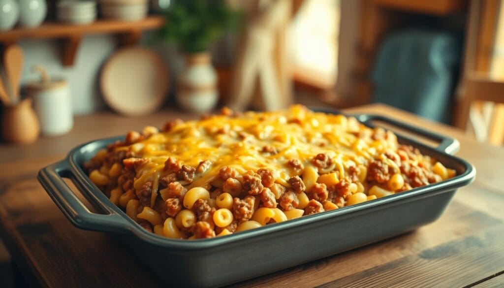 A hearty and budget-friendly casserole dish, featuring a mouthwatering blend of juicy hamburger meat, tender macaroni noodles, and a savory cheese sauce. The scene is set in a cozy, welcoming kitchen, with warm, golden lighting illuminating the dish as it emerges from the oven, its crisp, golden-brown topping beckoning to be dug into. The casserole dish is placed on a rustic wooden table, surrounded by simple, homey accessories that complement the classic comfort food vibe. The overall atmosphere exudes a sense of homemade goodness and family-friendly appeal, perfectly capturing the spirit of a delicious, inexpensive meal that brings people together.