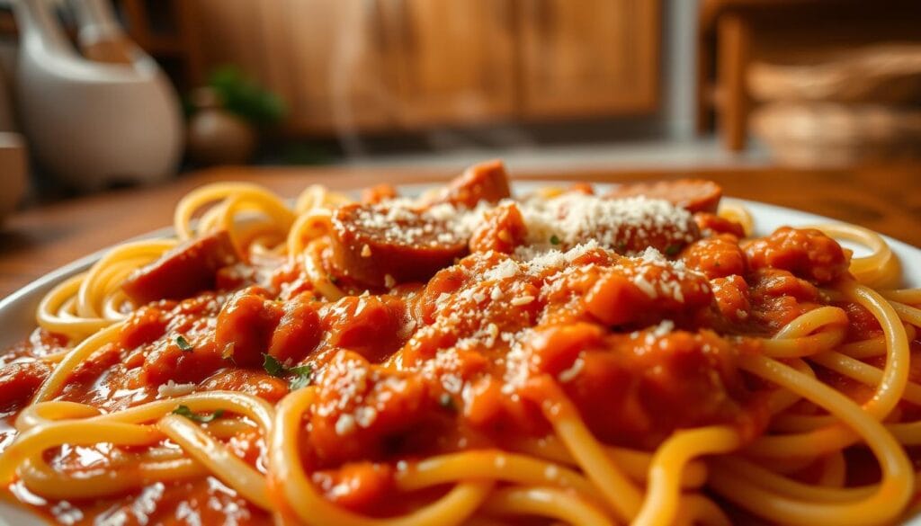 A hearty plate of freshly cooked pasta, the strands twisting and glistening under soft, warm lighting. In the foreground, a rich, creamy tomato sauce simmers, the vibrant red hue punctuated by flecks of herbs and a sprinkle of grated Parmesan. In the middle ground, plump Italian sausage slices nestle among the pasta, adding a savory depth. The background blurs into a cozy, rustic kitchen setting, with hints of wooden cabinets and a worn, tiled floor. The overall scene evokes a comforting, family-friendly atmosphere, perfect for an affordable, delicious pasta night. A hearty plate of freshly cooked pasta, the strands twisting and glistening under soft, warm lighting. In the foreground, a rich, creamy tomato sauce simmers, the vibrant red hue punctuated by flecks of herbs and a sprinkle of grated Parmesan. In the middle ground, plump Italian sausage slices nestle among the pasta, adding a savory depth. The background blurs into a cozy, rustic kitchen setting, with hints of wooden cabinets and a worn, tiled floor. The overall scene evokes a comforting, family-friendly atmosphere, perfect for an affordable, delicious pasta night.