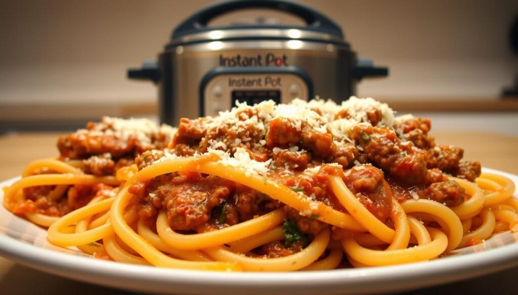 A hearty, steaming plate of Instant Pot spaghetti, the quintessential back-to-school dinner. In the foreground, perfectly al dente pasta noodles twirl around a rich, tomato-based sauce, studded with ground beef and savory herbs. Clouds of grated Parmesan cheese cascade over the top, creating a creamy, indulgent texture. In the middle, a stainless steel Instant Pot, its lid slightly ajar, reveals the dish's quick and convenient preparation. Soft lighting from above casts a warm, comforting glow, while the background fades into a simple, unfussy kitchen scene, emphasizing the meal's simplicity and ease. The overall atmosphere is one of homey satisfaction, a nourishing and satisfying weeknight dinner that comes together with minimal effort.