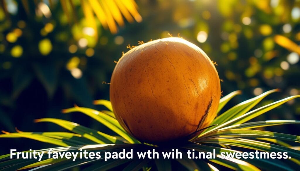 A luscious, ripe coconut bathed in warm, golden sunlight, sitting atop a bed of verdant tropical leaves. The coconut's smooth, glistening shell reflects the dappled light, inviting a tactile exploration of its natural beauty. In the background, a vibrant, blurred foliage creates a sense of depth and lush, exotic ambiance. The scene exudes a feeling of freshness, vitality, and the sweetness of nature's bounty, perfectly capturing the essence of "Fruity favorites packed with natural sweetness".