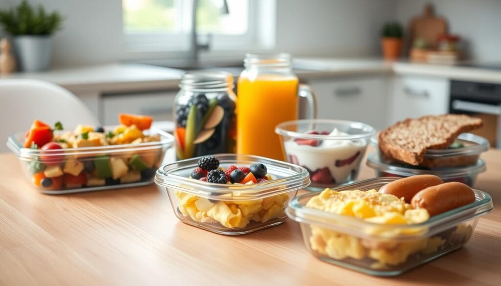 A neatly arranged composition of a savory breakfast meal prep on a wooden table. In the foreground, an assortment of pre-portioned containers filled with scrambled eggs, roasted vegetables, and turkey sausage. The middle ground features a mason jar with freshly squeezed orange juice, a small bowl of Greek yogurt with berries, and a slice of whole-grain toast. The background softly blurs, showcasing a clean, minimalist kitchen setting with natural light streaming in through a window. The overall mood is calm, organized, and conducive to a healthy, on-the-go breakfast for a busy teen. A neatly arranged composition of a savory breakfast meal prep on a wooden table. In the foreground, an assortment of pre-portioned containers filled with scrambled eggs, roasted vegetables, and turkey sausage. The middle ground features a mason jar with freshly squeezed orange juice, a small bowl of Greek yogurt with berries, and a slice of whole-grain toast. The background softly blurs, showcasing a clean, minimalist kitchen setting with natural light streaming in through a window. The overall mood is calm, organized, and conducive to a healthy, on-the-go breakfast for a busy teen.