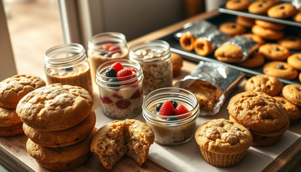 A neatly arranged spread of tempting make-ahead breakfast items, illuminated by warm, golden natural lighting, captured from a high angle. In the foreground, a stack of fluffy, homemade muffins in various flavors, their moist crumbs invitingly visible. Beside them, a batch of overnight oats in mason jars, topped with fresh berries and a drizzle of honey. In the middle ground, a plate of protein-packed breakfast burritos, wrapped in foil and ready to be frozen for later enjoyment. In the background, a tray of freshly baked breakfast cookies, their crisp edges and chewy centers beckoning. The overall scene emanates a cozy, family-friendly atmosphere, perfectly suited for a busy school morning. A neatly arranged spread of tempting make-ahead breakfast items, illuminated by warm, golden natural lighting, captured from a high angle. In the foreground, a stack of fluffy, homemade muffins in various flavors, their moist crumbs invitingly visible. Beside them, a batch of overnight oats in mason jars, topped with fresh berries and a drizzle of honey. In the middle ground, a plate of protein-packed breakfast burritos, wrapped in foil and ready to be frozen for later enjoyment. In the background, a tray of freshly baked breakfast cookies, their crisp edges and chewy centers beckoning. The overall scene emanates a cozy, family-friendly atmosphere, perfectly suited for a busy school morning.