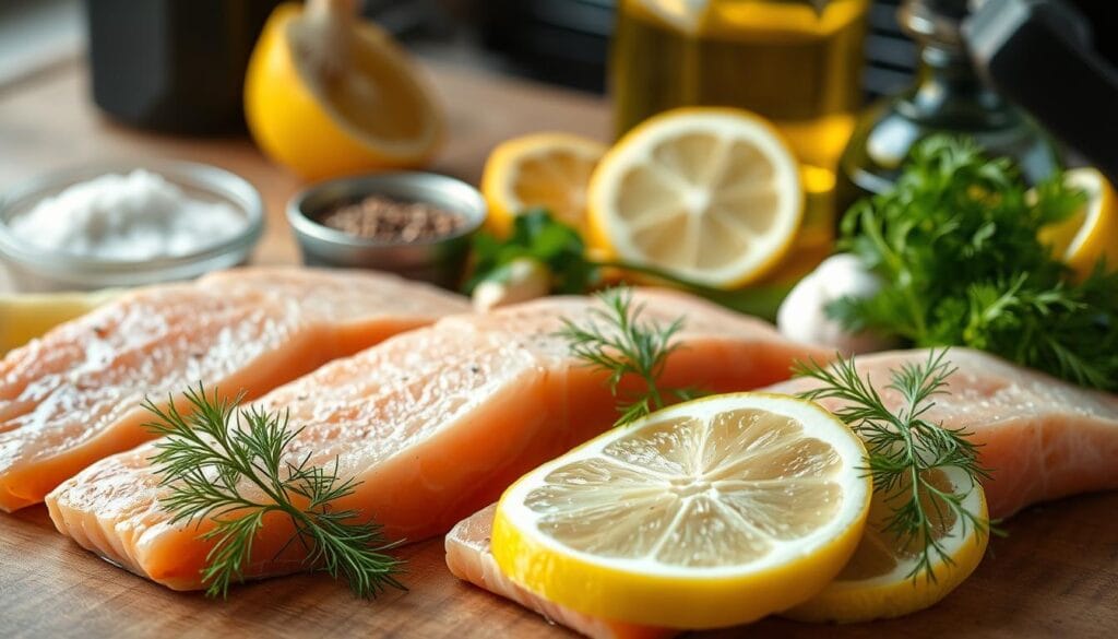 A neatly arranged still life of the ingredients for a delicious salmon recipe, shot in natural lighting with a shallow depth of field. In the foreground, fresh salmon fillets, lemon wedges, and a sprig of dill. In the middle ground, a variety of seasonings and herbs such as salt, pepper, garlic, and parsley. In the background, a drizzle of olive oil and an air fryer or baking sheet, hinting at the cooking method. The overall mood is clean, appetizing, and evocative of a healthy, home-cooked meal.