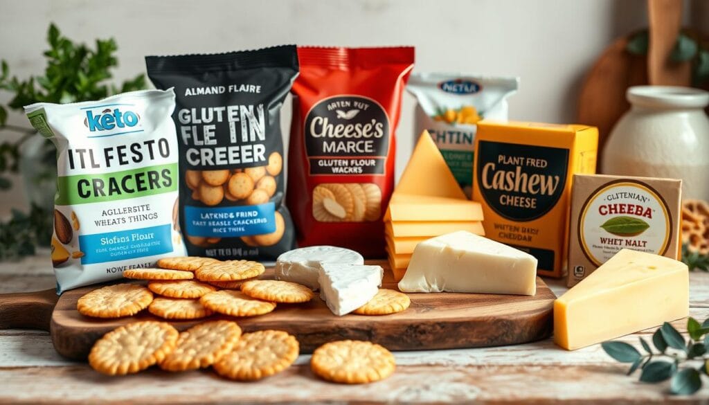 A neatly arranged still life showcasing an assortment of dietary-friendly cheese crackers. In the foreground, a selection of keto-friendly almond flour crackers, gluten-free rice crackers, and whole grain wheat thins are elegantly displayed on a rustic wooden board. The middle ground features a variety of artisanal cheese wedges, including low-fat cheddar, lactose-free gouda, and plant-based cashew cheese. The background is softly lit, creating a warm and inviting atmosphere, with hints of greenery and natural textures to complement the savory spread. The composition emphasizes the diverse and nutritious options available for those seeking a classic cheese and crackers experience that caters to various dietary needs. A neatly arranged still life showcasing an assortment of dietary-friendly cheese crackers. In the foreground, a selection of keto-friendly almond flour crackers, gluten-free rice crackers, and whole grain wheat thins are elegantly displayed on a rustic wooden board. The middle ground features a variety of artisanal cheese wedges, including low-fat cheddar, lactose-free gouda, and plant-based cashew cheese. The background is softly lit, creating a warm and inviting atmosphere, with hints of greenery and natural textures to complement the savory spread. The composition emphasizes the diverse and nutritious options available for those seeking a classic cheese and crackers experience that caters to various dietary needs.