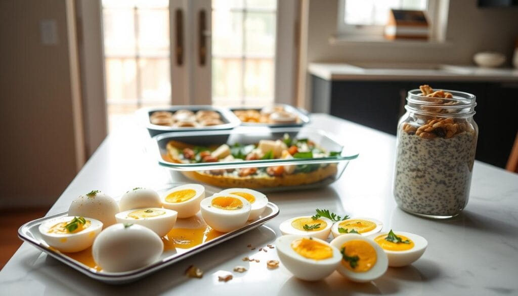 A neatly arranged table with a selection of egg-based breakfast meal prep items. In the foreground, a tray of hard-boiled eggs, drizzled with a light vinaigrette and garnished with fresh herbs. Behind it, a baked frittata filled with sautéed vegetables and crumbled feta cheese, sliced into portions. To the side, a jar of overnight oats with chia seeds, Greek yogurt, and a sprinkling of toasted nuts. The background features a clean, minimalist kitchen setting with natural light streaming in through large windows, casting a warm, inviting glow over the scene. The overall mood is one of simplicity, nourishment, and effortless organization, perfectly suited for an easy, no-sugar breakfast meal prep. A neatly arranged table with a selection of egg-based breakfast meal prep items. In the foreground, a tray of hard-boiled eggs, drizzled with a light vinaigrette and garnished with fresh herbs. Behind it, a baked frittata filled with sautéed vegetables and crumbled feta cheese, sliced into portions. To the side, a jar of overnight oats with chia seeds, Greek yogurt, and a sprinkling of toasted nuts. The background features a clean, minimalist kitchen setting with natural light streaming in through large windows, casting a warm, inviting glow over the scene. The overall mood is one of simplicity, nourishment, and effortless organization, perfectly suited for an easy, no-sugar breakfast meal prep.