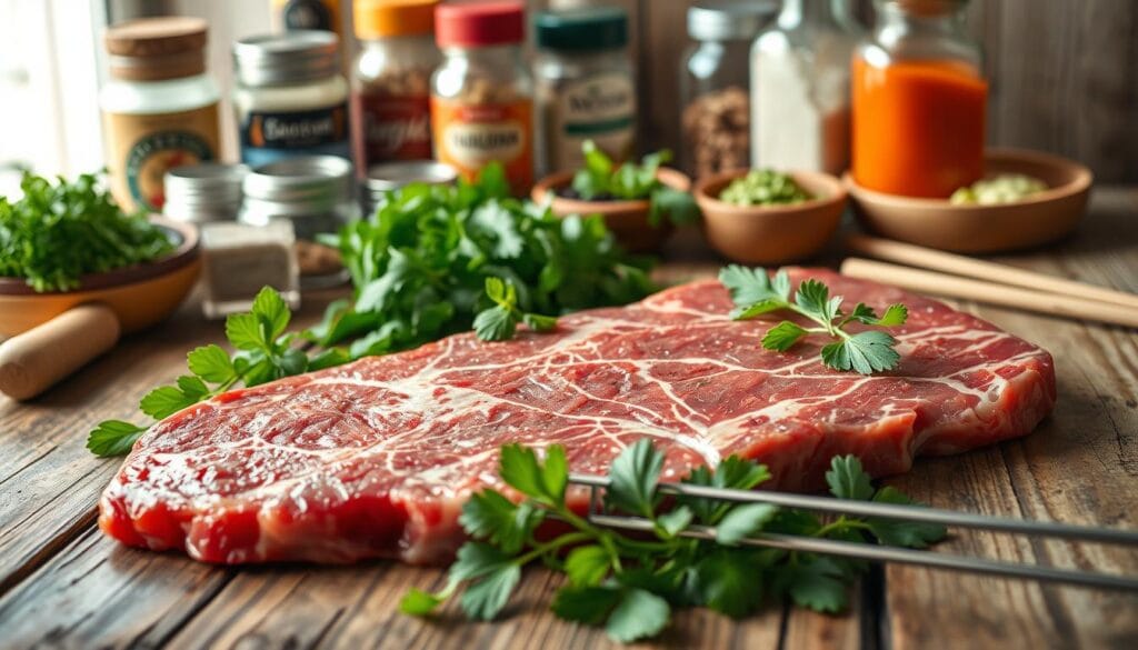 A rustic wooden table, its surface aged and weathered, serves as the backdrop for an artful still life of the ingredients needed to create the perfect grilled flank steak skewers. In the foreground, the tender flank steak is neatly arranged, its marbled texture catching the soft, natural light filtering in through a nearby window. Surrounding the steak are an assortment of fresh herbs, their vibrant green leaves contrasting with the deep crimson of the meat. Atop the table, a selection of spices and seasonings, their jars and bottles adding pops of color and texture to the composition. In the middle ground, a set of sharp, gleaming metal skewers stands ready, anticipating the assembly of the skewers. The overall mood is one of rustic simplicity and culinary anticipation, inviting the viewer to imagine the delicious meal to come. A rustic wooden table, its surface aged and weathered, serves as the backdrop for an artful still life of the ingredients needed to create the perfect grilled flank steak skewers. In the foreground, the tender flank steak is neatly arranged, its marbled texture catching the soft, natural light filtering in through a nearby window. Surrounding the steak are an assortment of fresh herbs, their vibrant green leaves contrasting with the deep crimson of the meat. Atop the table, a selection of spices and seasonings, their jars and bottles adding pops of color and texture to the composition. In the middle ground, a set of sharp, gleaming metal skewers stands ready, anticipating the assembly of the skewers. The overall mood is one of rustic simplicity and culinary anticipation, inviting the viewer to imagine the delicious meal to come.