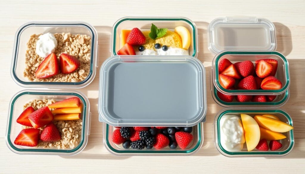 A set of rectangular, clear plastic meal prep containers with airtight lids, arranged neatly on a light wooden surface. The containers are filled with an assortment of healthy breakfast items such as oatmeal, yogurt, and fresh fruits. The lighting is soft and natural, casting gentle shadows and highlights across the scene. The focus is sharp, and the composition is balanced, drawing the viewer's eye to the practical, organized meal prep setup. The overall mood is one of simplicity, efficiency, and a commitment to wholesome, nutritious eating.