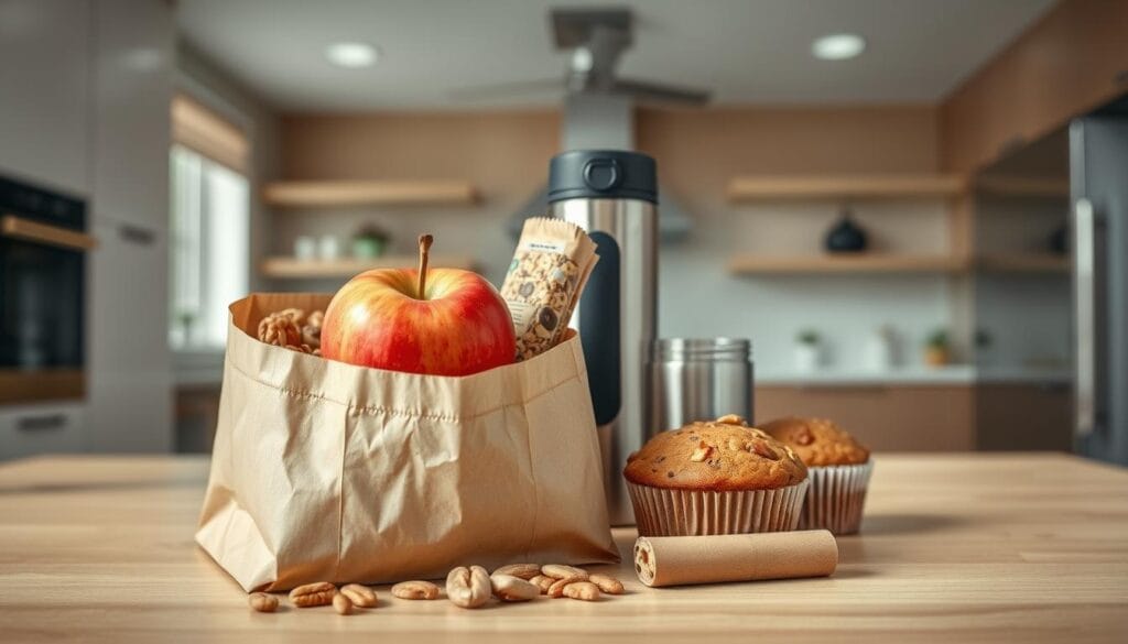 A simple yet appetizing grab-and-go breakfast scene. In the foreground, a paper bag overflows with a variety of healthy options - a crisp apple, a handful of nuts, a granola bar, and a fresh muffin. The middle ground features a thermos of steaming coffee and a sleek, stainless steel water bottle. In the background, a modern, minimalist kitchen with clean lines and natural light streaming in through large windows. The overall mood is one of efficiency and nourishment, perfect for a busy school morning. Shot with a wide-angle lens to capture the full spread, the image is crisp, well-lit, and inviting. A simple yet appetizing grab-and-go breakfast scene. In the foreground, a paper bag overflows with a variety of healthy options - a crisp apple, a handful of nuts, a granola bar, and a fresh muffin. The middle ground features a thermos of steaming coffee and a sleek, stainless steel water bottle. In the background, a modern, minimalist kitchen with clean lines and natural light streaming in through large windows. The overall mood is one of efficiency and nourishment, perfect for a busy school morning. Shot with a wide-angle lens to capture the full spread, the image is crisp, well-lit, and inviting.