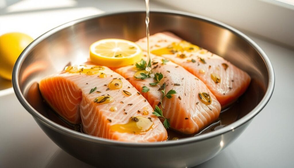 A stainless steel bowl filled with fresh salmon fillets, drizzled with a marinade of olive oil, lemon juice, garlic, and herbs. The salmon is arranged in a visually appealing manner, showcasing the delicate texture and vibrant color of the fish. The background is a clean, minimalist white or light-colored surface, allowing the salmon to be the focal point. Soft, natural lighting illuminates the scene, creating a warm and inviting atmosphere. The overall composition is carefully balanced, highlighting the process of marinating the salmon in preparation for air frying. A stainless steel bowl filled with fresh salmon fillets, drizzled with a marinade of olive oil, lemon juice, garlic, and herbs. The salmon is arranged in a visually appealing manner, showcasing the delicate texture and vibrant color of the fish. The background is a clean, minimalist white or light-colored surface, allowing the salmon to be the focal point. Soft, natural lighting illuminates the scene, creating a warm and inviting atmosphere. The overall composition is carefully balanced, highlighting the process of marinating the salmon in preparation for air frying.