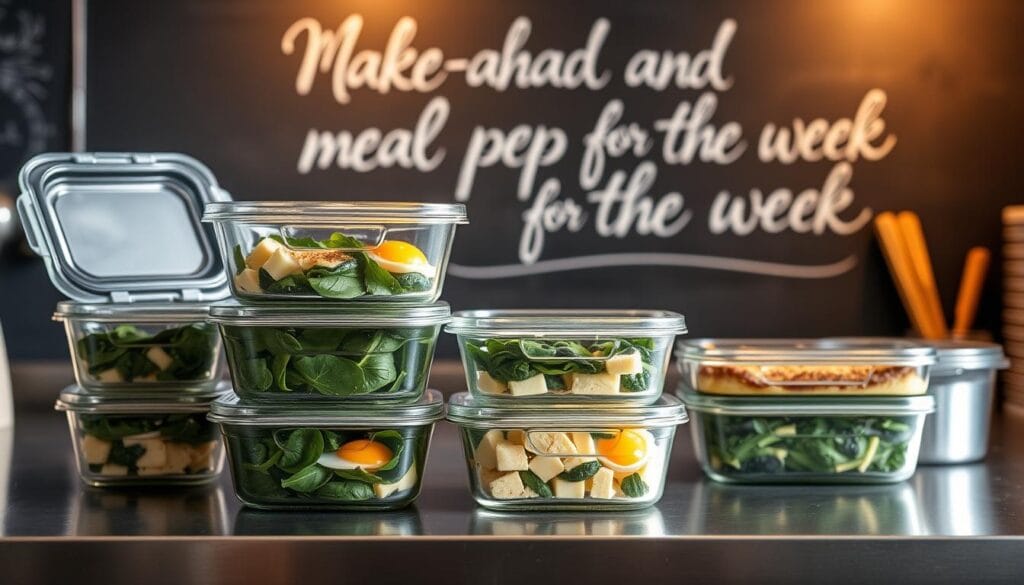 A stainless steel kitchen counter with a stack of glass meal prep containers, lids open, filled with various breakfast ingredients like eggs, spinach, and cheese. The containers are neatly arranged, conveying a sense of organization and preparation. Soft, natural lighting casts a warm glow, creating a cozy, inviting atmosphere. In the background, a chalkboard wall displays the words "Make-ahead and meal prep for the week" in elegant script. The overall scene communicates the idea of planning and prepping a nutritious, low-carb breakfast casserole in advance, ready to be enjoyed throughout the week. A stainless steel kitchen counter with a stack of glass meal prep containers, lids open, filled with various breakfast ingredients like eggs, spinach, and cheese. The containers are neatly arranged, conveying a sense of organization and preparation. Soft, natural lighting casts a warm glow, creating a cozy, inviting atmosphere. In the background, a chalkboard wall displays the words "Make-ahead and meal prep for the week" in elegant script. The overall scene communicates the idea of planning and prepping a nutritious, low-carb breakfast casserole in advance, ready to be enjoyed throughout the week.