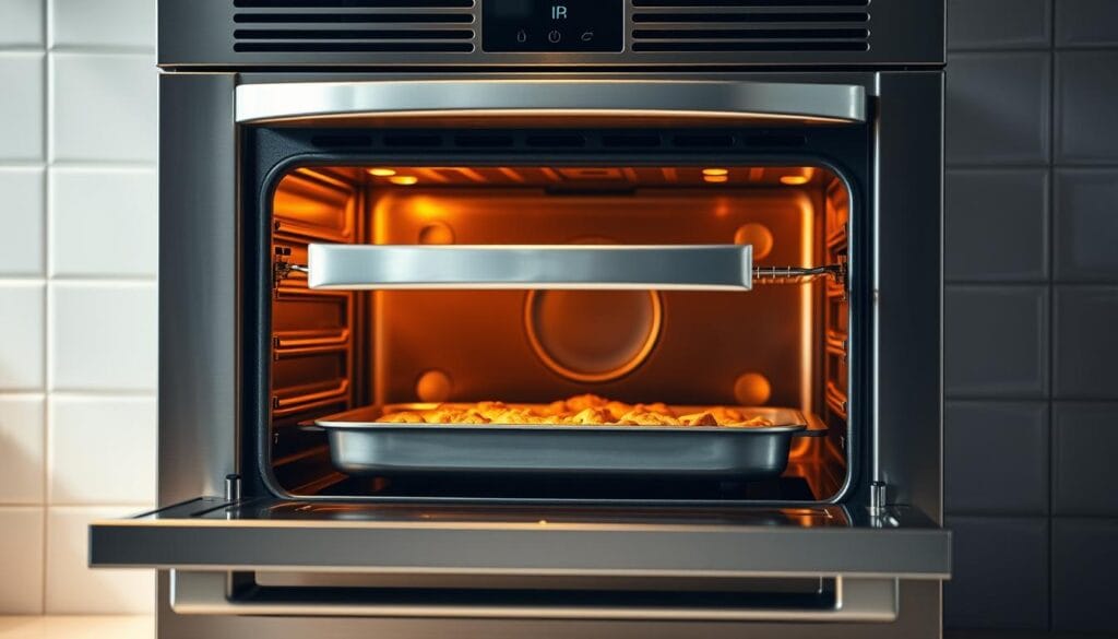 A stainless steel oven with a sleek, modern design, its door slightly ajar, illuminating the warm, amber-hued interior. The oven is set against a tiled backsplash, capturing the clean, minimalist aesthetic of a professional kitchen. Soft, directional lighting casts subtle shadows, highlighting the oven's sturdy construction and gleaming chrome accents. The scene exudes an atmosphere of culinary anticipation, inviting the viewer to step closer and imagine the savory aromas soon to emerge from this precisely calibrated appliance, ready to bring a delectable low-carb breakfast casserole to life. A stainless steel oven with a sleek, modern design, its door slightly ajar, illuminating the warm, amber-hued interior. The oven is set against a tiled backsplash, capturing the clean, minimalist aesthetic of a professional kitchen. Soft, directional lighting casts subtle shadows, highlighting the oven's sturdy construction and gleaming chrome accents. The scene exudes an atmosphere of culinary anticipation, inviting the viewer to step closer and imagine the savory aromas soon to emerge from this precisely calibrated appliance, ready to bring a delectable low-carb breakfast casserole to life.