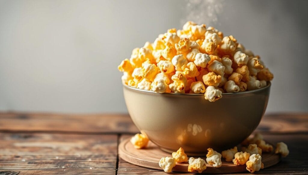 A steaming bowl of freshly popped popcorn, kernels bursting with golden-brown perfection, glistening with a light dusting of sea salt. The popcorn sits atop a rustic wooden table, its warm glow illuminated by soft, diffused lighting, casting gentle shadows that accentuate the texture and depth of the snack. The background is a simple, minimalist setting, allowing the popcorn to take center stage, radiating a sense of wholesome, natural goodness - a healthier alternative to traditional snacks, perfect for satisfying the cravings of hungry kids. A steaming bowl of freshly popped popcorn, kernels bursting with golden-brown perfection, glistening with a light dusting of sea salt. The popcorn sits atop a rustic wooden table, its warm glow illuminated by soft, diffused lighting, casting gentle shadows that accentuate the texture and depth of the snack. The background is a simple, minimalist setting, allowing the popcorn to take center stage, radiating a sense of wholesome, natural goodness - a healthier alternative to traditional snacks, perfect for satisfying the cravings of hungry kids.