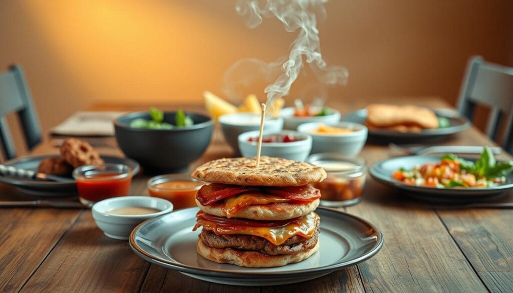 A stylish table setting with a variety of kid-favorite dishes. In the foreground, a stack of savory pizza burgers, fresh from the oven, steam rising. In the middle ground, a variety of dipping sauces and toppings, arranged artfully. The background features a rustic wooden table, with a natural linen tablecloth and simple, modern place settings. Warm, diffused lighting casts a cozy glow, creating an inviting atmosphere. The composition is balanced and visually appealing, showcasing the delicious meal in an appetizing way. A stylish table setting with a variety of kid-favorite dishes. In the foreground, a stack of savory pizza burgers, fresh from the oven, steam rising. In the middle ground, a variety of dipping sauces and toppings, arranged artfully. The background features a rustic wooden table, with a natural linen tablecloth and simple, modern place settings. Warm, diffused lighting casts a cozy glow, creating an inviting atmosphere. The composition is balanced and visually appealing, showcasing the delicious meal in an appetizing way.