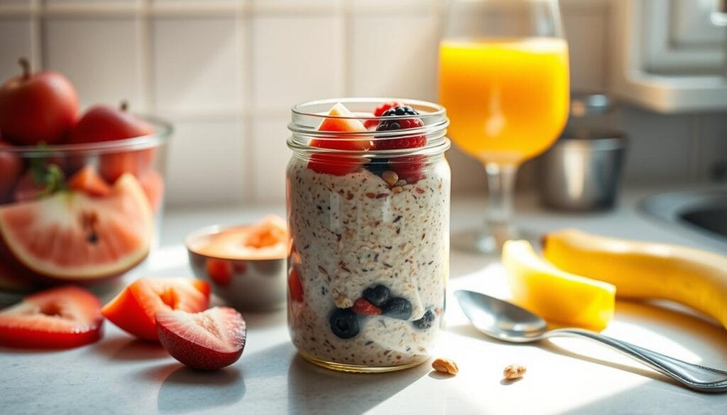 A sunlit kitchen counter with an assortment of breakfast ingredients - freshly sliced fruit, a jar of overnight oats, a spoon, and a glass of orange juice. The oats are layered with fresh berries, nuts, and a drizzle of honey, ready to be quickly grabbed and enjoyed. The scene conveys a sense of efficiency and preparation, with everything in its place, allowing for a stress-free and nutritious start to a busy school day. The lighting is soft and natural, casting gentle shadows and highlighting the vibrant colors of the ingredients. The camera angle is slightly elevated, providing a clean and organized view of the time-saving breakfast setup. A sunlit kitchen counter with an assortment of breakfast ingredients - freshly sliced fruit, a jar of overnight oats, a spoon, and a glass of orange juice. The oats are layered with fresh berries, nuts, and a drizzle of honey, ready to be quickly grabbed and enjoyed. The scene conveys a sense of efficiency and preparation, with everything in its place, allowing for a stress-free and nutritious start to a busy school day. The lighting is soft and natural, casting gentle shadows and highlighting the vibrant colors of the ingredients. The camera angle is slightly elevated, providing a clean and organized view of the time-saving breakfast setup.