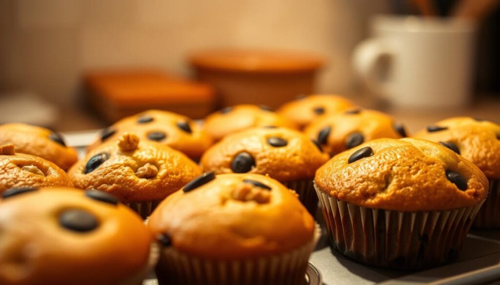 A tray of freshly baked muffins, their golden-brown tops glistening under the warm, soft lighting of a kitchen counter. The muffins are arranged in a visually appealing manner, with a variety of flavors including blueberry, banana-walnut, and chocolate chip. The foreground is in sharp focus, showcasing the muffins' inviting textures and the enticing aroma wafting from them. The background is slightly blurred, suggesting a cozy, homey setting. The overall mood is one of comforting nostalgia and delightful anticipation, perfect for a wholesome, kid-friendly breakfast. A tray of freshly baked muffins, their golden-brown tops glistening under the warm, soft lighting of a kitchen counter. The muffins are arranged in a visually appealing manner, with a variety of flavors including blueberry, banana-walnut, and chocolate chip. The foreground is in sharp focus, showcasing the muffins' inviting textures and the enticing aroma wafting from them. The background is slightly blurred, suggesting a cozy, homey setting. The overall mood is one of comforting nostalgia and delightful anticipation, perfect for a wholesome, kid-friendly breakfast.