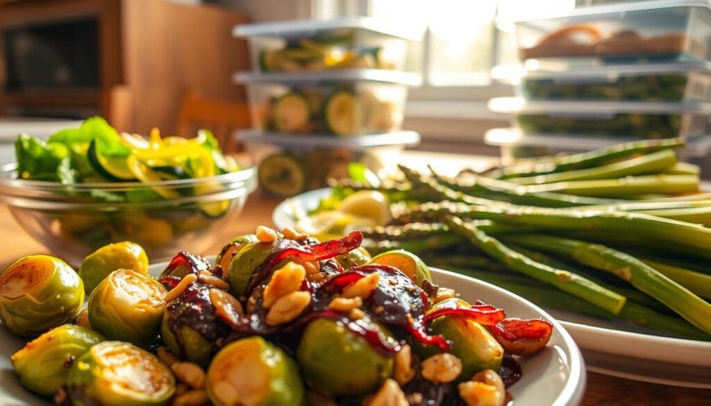 A vibrant, close-up photograph of various fresh, colorful vegetable side dishes, all prepared in under five minutes. The scene is bathed in warm, natural lighting from a large window, creating a soft, inviting glow. In the foreground, a plate of roasted Brussels sprouts, drizzled with a balsamic glaze and sprinkled with toasted pine nuts. To the side, a bowl of quick-sautéed zucchini ribbons tossed with garlic, lemon, and herbs. In the middle ground, a platter of tender-crisp asparagus spears, simply seasoned with olive oil, salt, and pepper. The background features a stack of meal prep containers, hinting at the effortless preparation of these nourishing, time-saving sides. A vibrant, close-up photograph of various fresh, colorful vegetable side dishes, all prepared in under five minutes. The scene is bathed in warm, natural lighting from a large window, creating a soft, inviting glow. In the foreground, a plate of roasted Brussels sprouts, drizzled with a balsamic glaze and sprinkled with toasted pine nuts. To the side, a bowl of quick-sautéed zucchini ribbons tossed with garlic, lemon, and herbs. In the middle ground, a platter of tender-crisp asparagus spears, simply seasoned with olive oil, salt, and pepper. The background features a stack of meal prep containers, hinting at the effortless preparation of these nourishing, time-saving sides.
