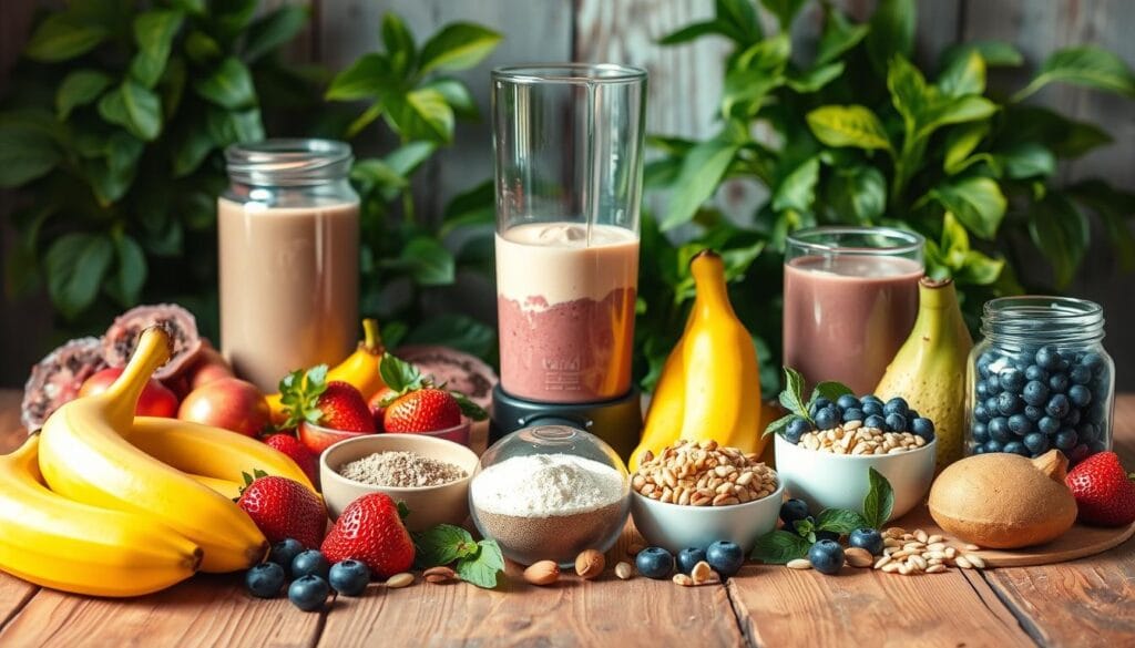 A vibrant collection of protein-packed smoothie ingredients artfully arranged on a rustic wooden table, bathed in soft, natural lighting. In the foreground, a variety of fresh fruits such as bananas, strawberries, and blueberries, accompanied by a scoop of protein powder and a handful of nuts and seeds. In the middle ground, a glass blender stands ready, its sleek design hinting at the nutritious blend about to be created. The background is adorned with lush, green leafy greens, adding a touch of freshness and vitality to the scene. The overall atmosphere is one of health, wellness, and culinary inspiration, perfectly suited to illustrate the "Innovative Smoothies, Parfaits, and Alternative Options" section of the article. A vibrant collection of protein-packed smoothie ingredients artfully arranged on a rustic wooden table, bathed in soft, natural lighting. In the foreground, a variety of fresh fruits such as bananas, strawberries, and blueberries, accompanied by a scoop of protein powder and a handful of nuts and seeds. In the middle ground, a glass blender stands ready, its sleek design hinting at the nutritious blend about to be created. The background is adorned with lush, green leafy greens, adding a touch of freshness and vitality to the scene. The overall atmosphere is one of health, wellness, and culinary inspiration, perfectly suited to illustrate the "Innovative Smoothies, Parfaits, and Alternative Options" section of the article.
