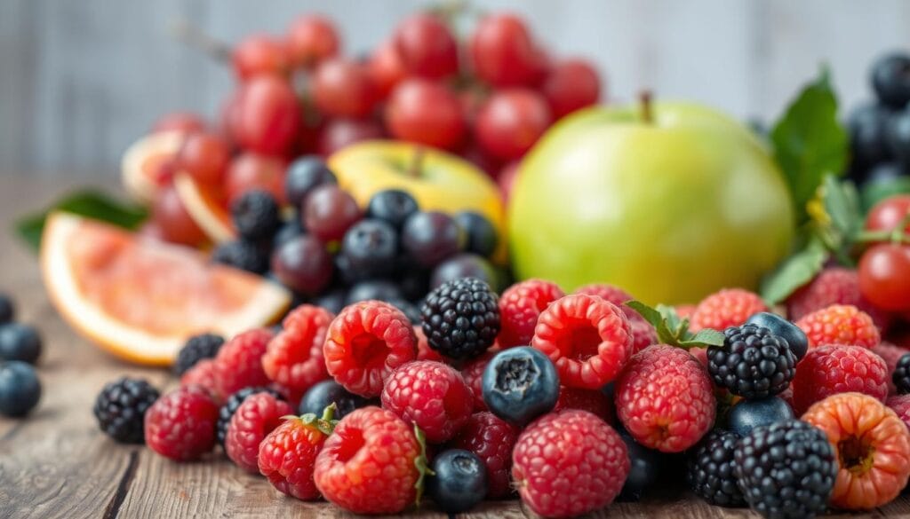 A vibrant still life composition featuring an assortment of ripe, juicy fruits arranged on a rustic wooden table. In the foreground, a cluster of juicy berries - plump raspberries, blueberries, and blackberries - spill over the edge, their colors glistening under soft, natural lighting. In the middle ground, a selection of seasonal favorites - a crisp, green apple, a juicy orange with its peel partially peeled, and a handful of red grapes. The background is softly blurred, drawing the eye to the central focus of the image. The overall mood is one of freshness, sweetness, and an invitation to indulge in a healthy, delicious snack. A vibrant still life composition featuring an assortment of ripe, juicy fruits arranged on a rustic wooden table. In the foreground, a cluster of juicy berries - plump raspberries, blueberries, and blackberries - spill over the edge, their colors glistening under soft, natural lighting. In the middle ground, a selection of seasonal favorites - a crisp, green apple, a juicy orange with its peel partially peeled, and a handful of red grapes. The background is softly blurred, drawing the eye to the central focus of the image. The overall mood is one of freshness, sweetness, and an invitation to indulge in a healthy, delicious snack.