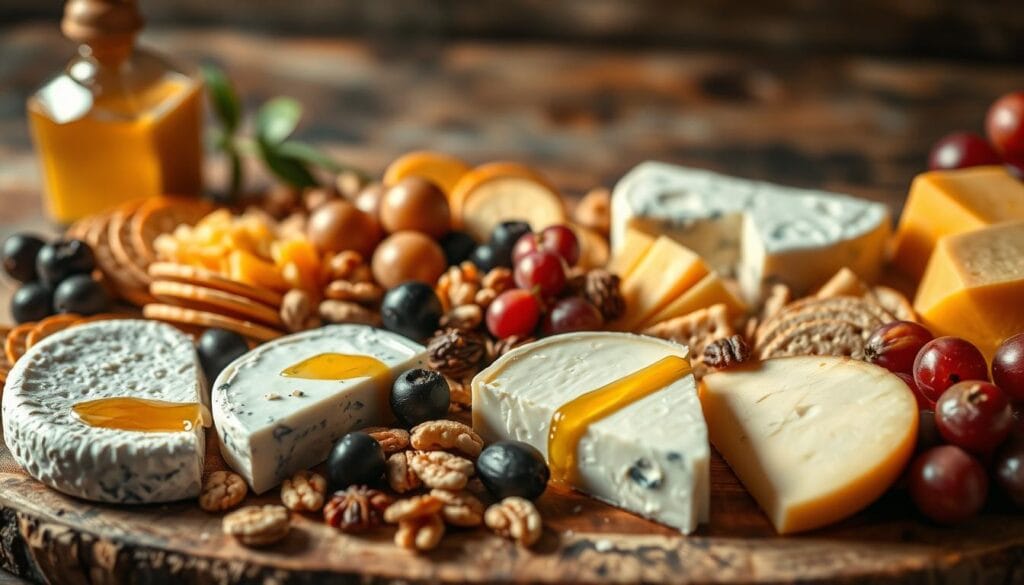 A visually stunning cheese board arrangement, bathed in warm, soft lighting. In the foreground, an assortment of artisanal cheeses - creamy brie, tangy blue, and sharp cheddar - arranged with care, accompanied by a selection of crackers, olives, and dried fruits. The middle ground features a scattering of toasted nuts, fresh grapes, and a drizzle of honey, creating a symphony of flavors and textures. In the background, a rustic wooden surface, perhaps a weathered table or cutting board, providing a natural and inviting backdrop. The overall composition exudes a sense of sophistication and attention to detail, perfectly capturing the essence of the "Enjoy the Classic Combo: Cheese and Crackers" theme and the "Tips for Assembling a Stunning Cheese Board" section.