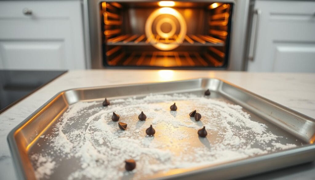 A well-lit kitchen counter with a stainless steel baking sheet in the foreground, recently pulled from a preheated oven. The sheet has a light dusting of flour and a few chocolate chips scattered across its surface, hinting at the delicious cookies soon to emerge. In the background, an oven door stands open, its warm glow reflecting off the stainless steel appliance. The scene exudes a sense of anticipation and the comforting aroma of freshly baked treats. A well-lit kitchen counter with a stainless steel baking sheet in the foreground, recently pulled from a preheated oven. The sheet has a light dusting of flour and a few chocolate chips scattered across its surface, hinting at the delicious cookies soon to emerge. In the background, an oven door stands open, its warm glow reflecting off the stainless steel appliance. The scene exudes a sense of anticipation and the comforting aroma of freshly baked treats.