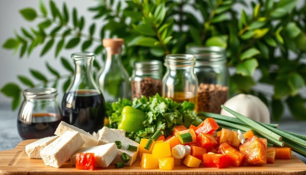 A well-lit, still-life composition depicting an assortment of fresh, vibrant ingredients for a pan-seared tofu bowl. In the foreground, a wooden cutting board holds sliced tofu, cubed bell peppers in various colors, and slivered scallions. In the middle ground, glass jars contain soy sauce, sesame oil, and a small pile of spices like cumin and garlic powder. The background features a lush, green leafy plant, adding a natural, earthy element to the scene. The lighting is soft and diffused, creating subtle shadows and highlighting the textures and colors of the ingredients. The overall mood is one of simplicity, wholesome nourishment, and culinary inspiration.